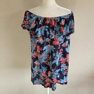 J. Jill Love Linen Blouse Top Floral Off Shoulder Ruffle Lightweight Navy Size L